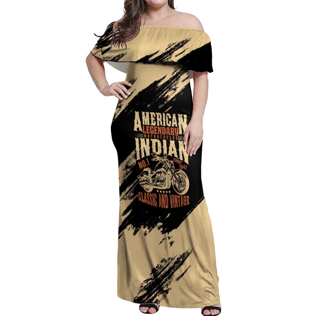 Personalized American Legendary Motorcycles Indian Chief 1947 Off Shoulder Maxi Dress Classic and Vintage - Wonder Print Shop