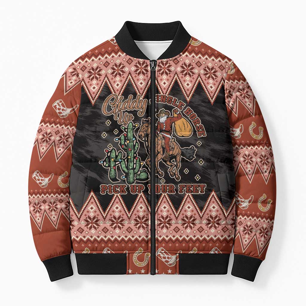 Howdy Christmas Cowboy Santa Bomber Puffer Jacket Giddy Up Jingle Horse Pick Up Your Feet - Wonder Print Shop