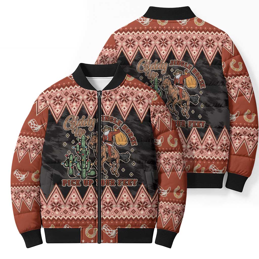 Howdy Christmas Cowboy Santa Bomber Puffer Jacket Giddy Up Jingle Horse Pick Up Your Feet - Wonder Print Shop