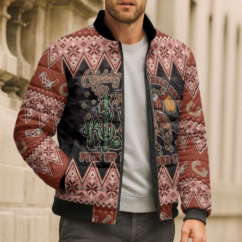 Howdy Christmas Cowboy Santa Bomber Puffer Jacket Giddy Up Jingle Horse Pick Up Your Feet - Wonder Print Shop