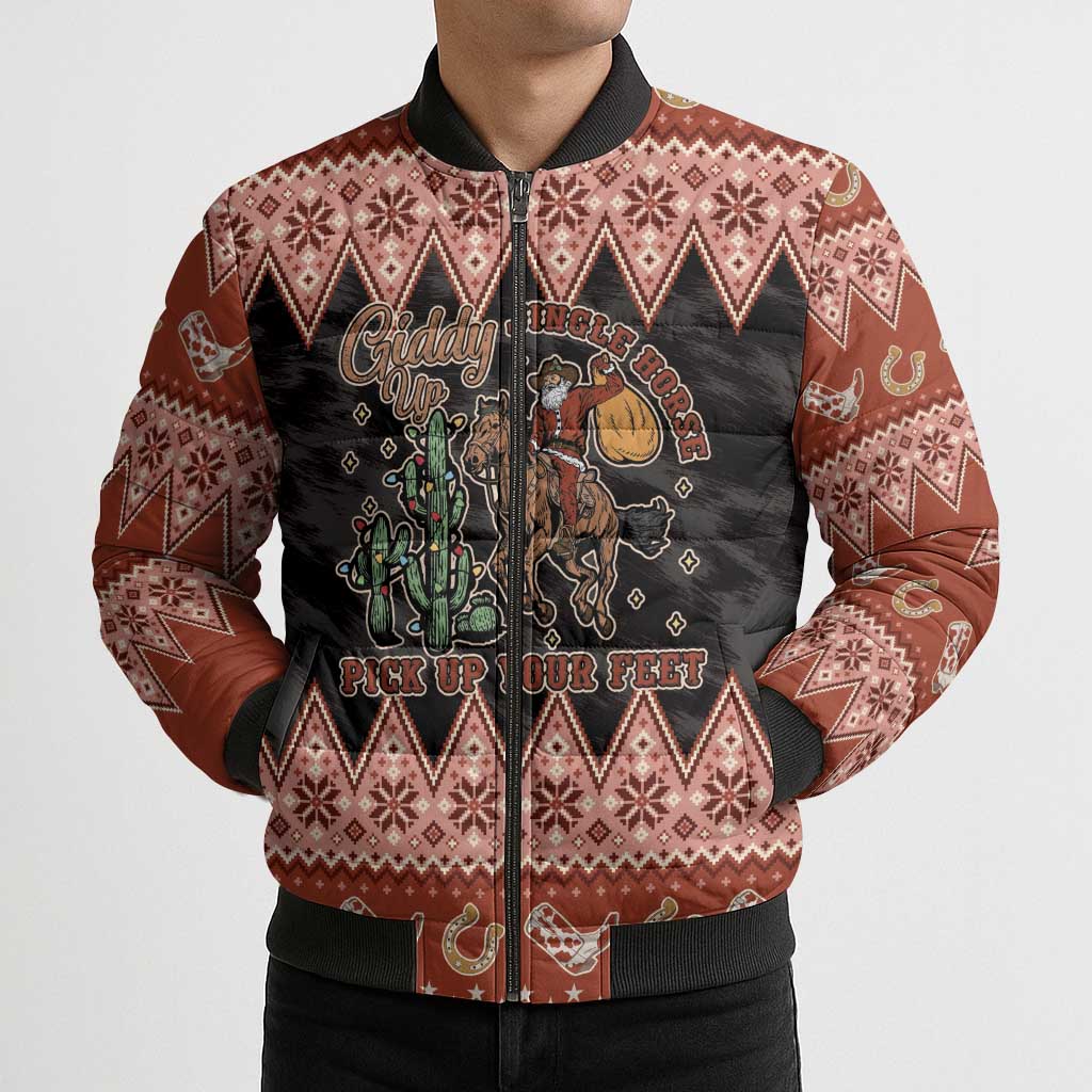 Howdy Christmas Cowboy Santa Bomber Puffer Jacket Giddy Up Jingle Horse Pick Up Your Feet - Wonder Print Shop