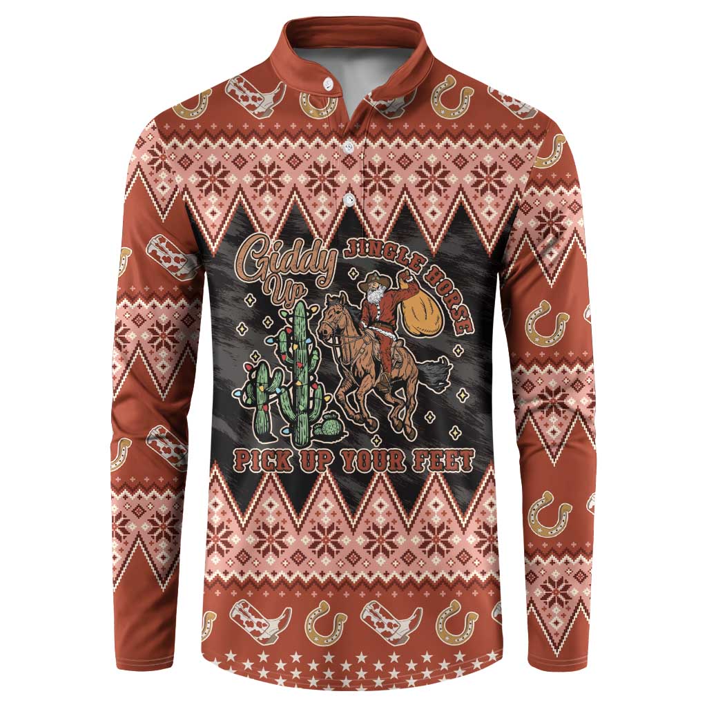 Howdy Christmas Cowboy Santa Button Sweatshirt Giddy Up Jingle Horse Pick Up Your Feet - Wonder Print Shop