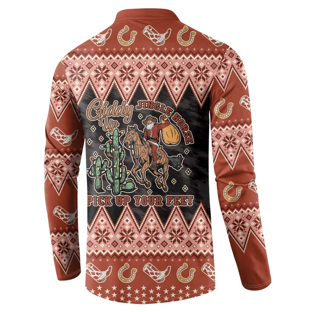 Howdy Christmas Cowboy Santa Button Sweatshirt Giddy Up Jingle Horse Pick Up Your Feet - Wonder Print Shop