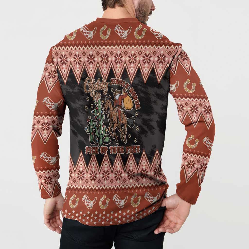 Howdy Christmas Cowboy Santa Button Sweatshirt Giddy Up Jingle Horse Pick Up Your Feet - Wonder Print Shop