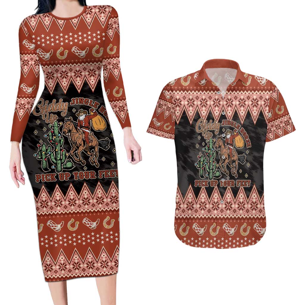 Howdy Christmas Cowboy Santa Couples Matching Long Sleeve Bodycon Dress and Hawaiian Shirt Giddy Up Jingle Horse Pick Up Your Feet - Wonder Print Shop