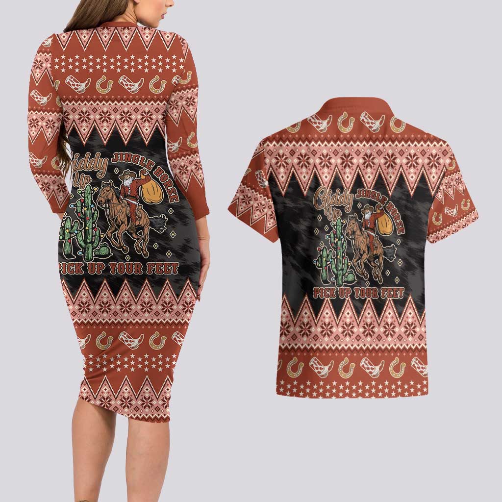 Howdy Christmas Cowboy Santa Couples Matching Long Sleeve Bodycon Dress and Hawaiian Shirt Giddy Up Jingle Horse Pick Up Your Feet - Wonder Print Shop
