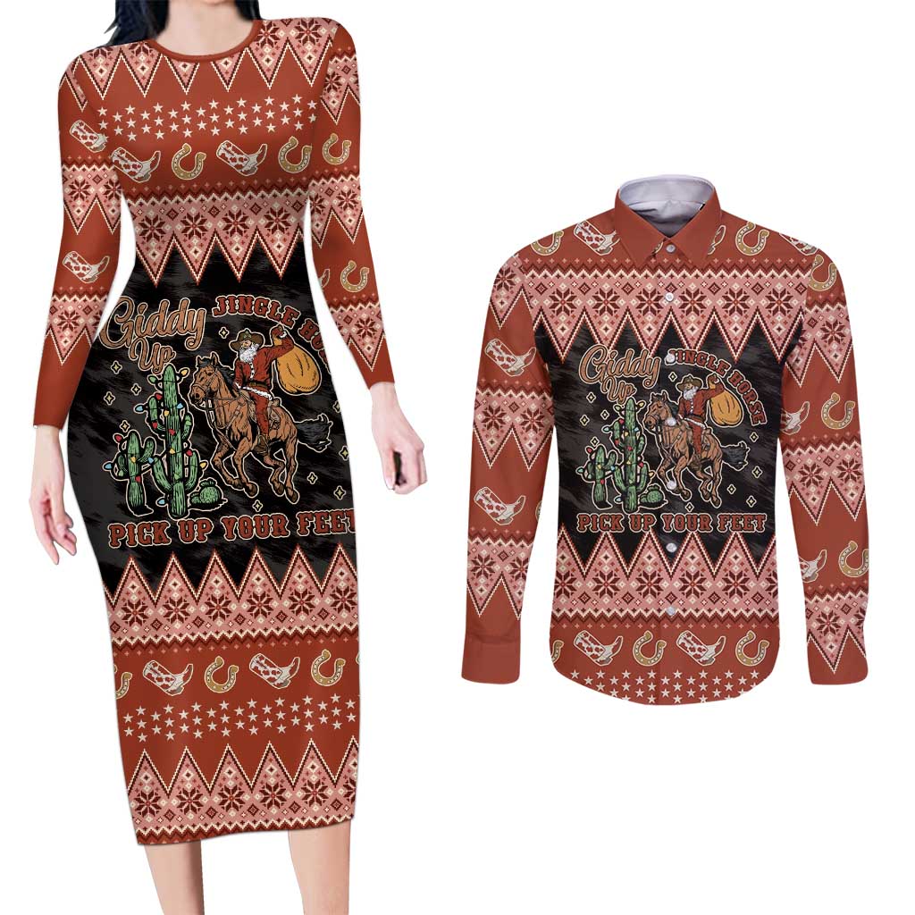 Howdy Christmas Cowboy Santa Couples Matching Long Sleeve Bodycon Dress and Long Sleeve Button Shirt Giddy Up Jingle Horse Pick Up Your Feet - Wonder Print Shop