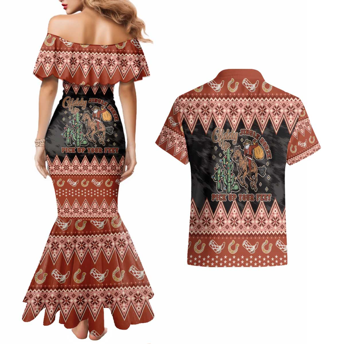 Howdy Christmas Cowboy Santa Couples Matching Mermaid Dress and Hawaiian Shirt Giddy Up Jingle Horse Pick Up Your Feet - Wonder Print Shop