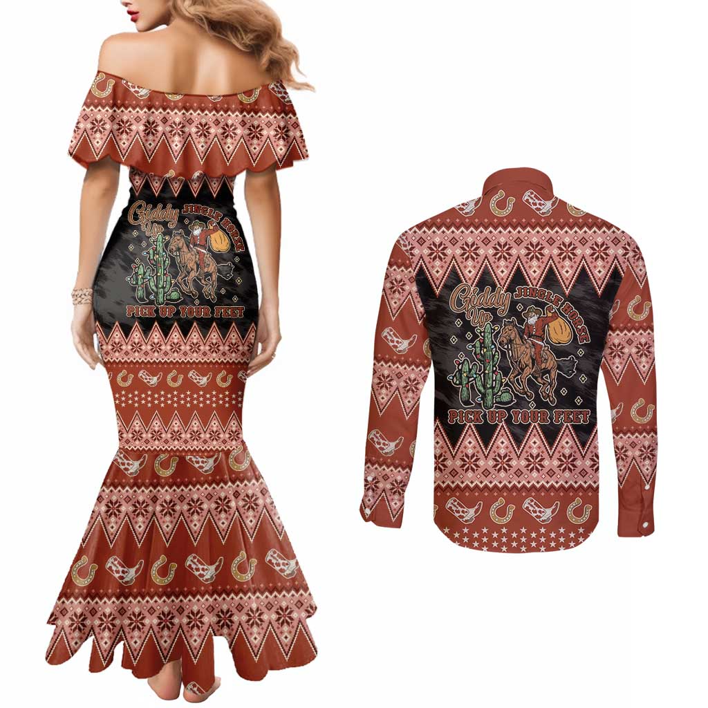 Howdy Christmas Cowboy Santa Couples Matching Mermaid Dress and Long Sleeve Button Shirt Giddy Up Jingle Horse Pick Up Your Feet - Wonder Print Shop