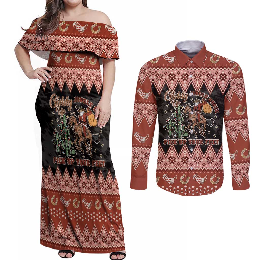 Howdy Christmas Cowboy Santa Couples Matching Off Shoulder Maxi Dress and Long Sleeve Button Shirt Giddy Up Jingle Horse Pick Up Your Feet - Wonder Print Shop