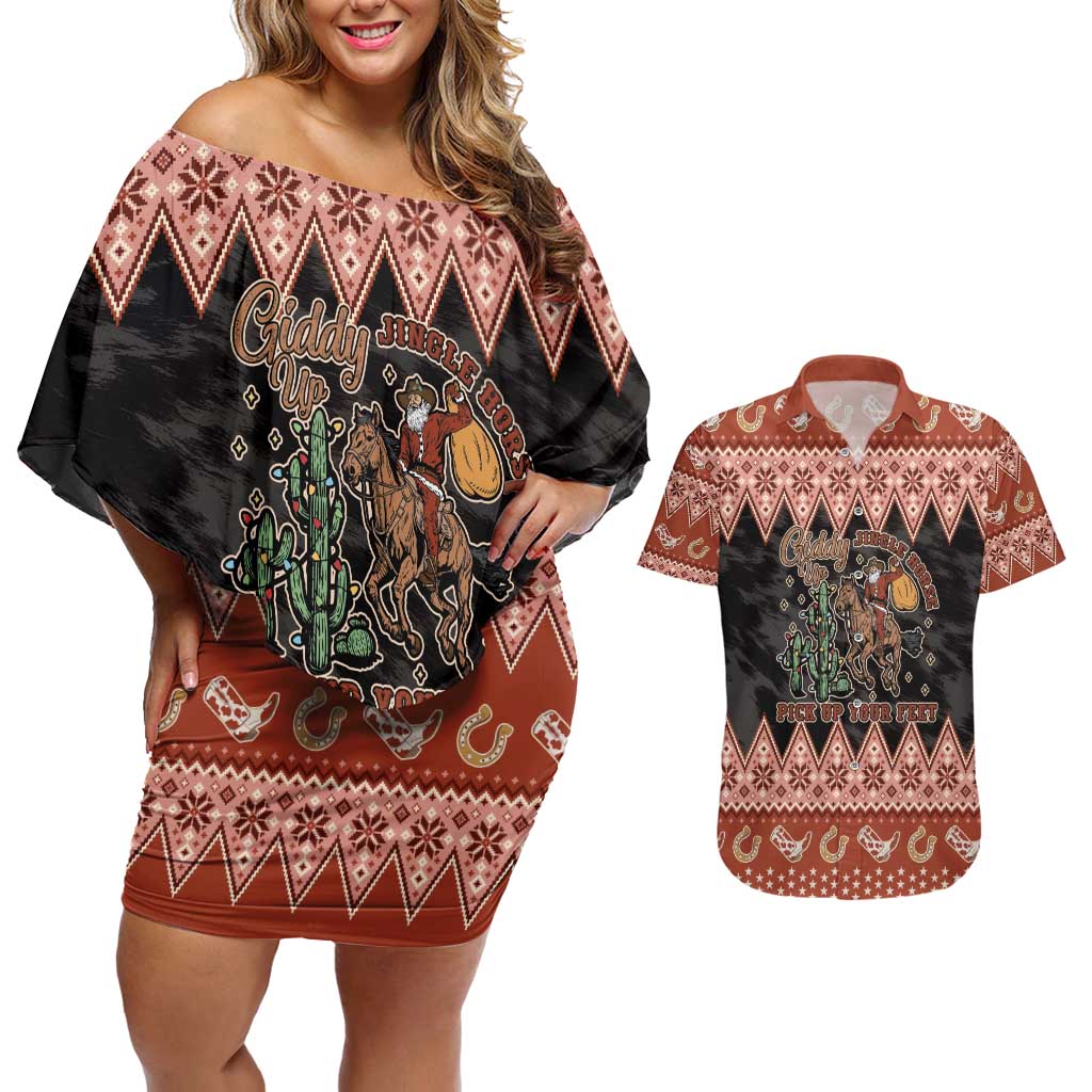 Howdy Christmas Cowboy Santa Couples Matching Off Shoulder Short Dress and Hawaiian Shirt Giddy Up Jingle Horse Pick Up Your Feet - Wonder Print Shop
