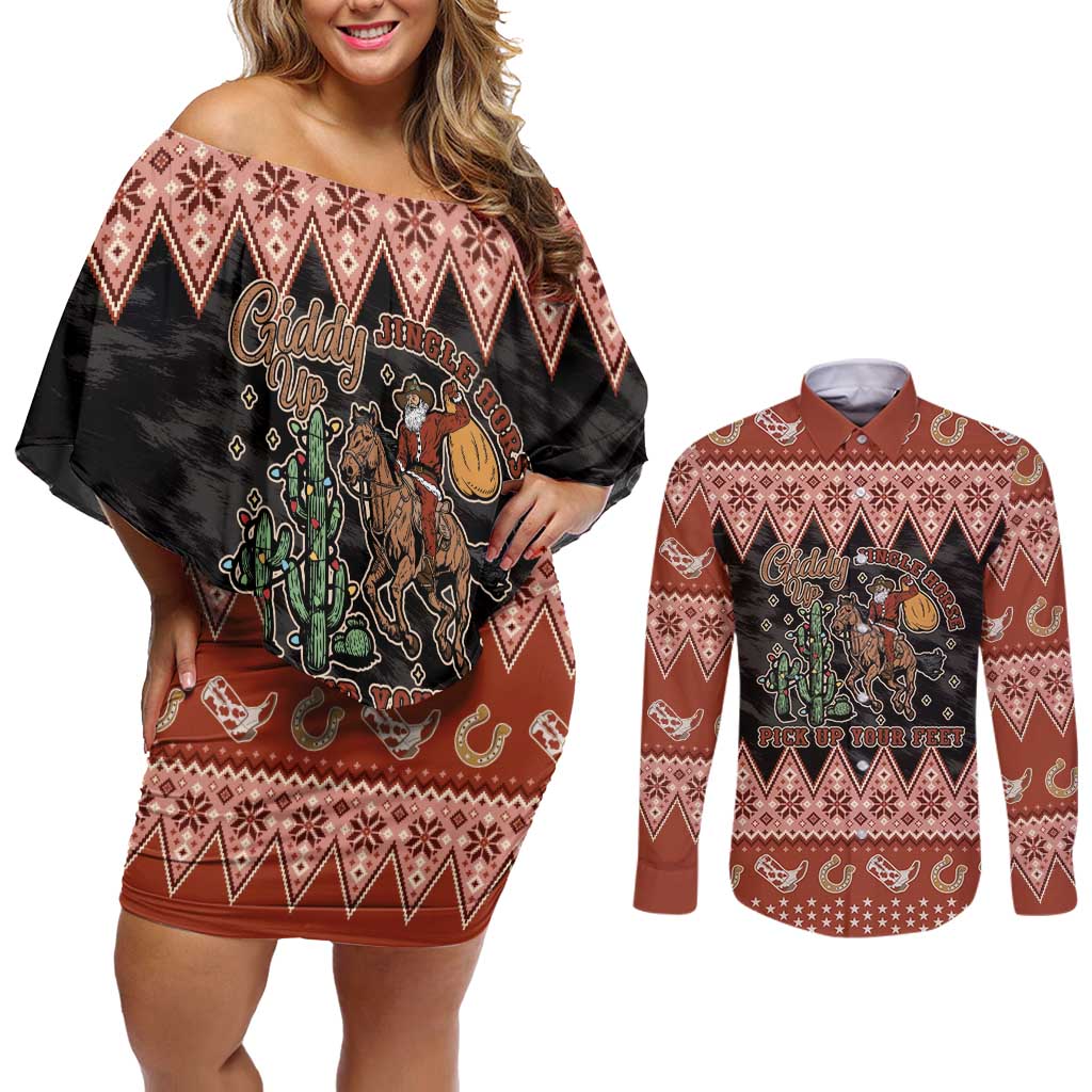 Howdy Christmas Cowboy Santa Couples Matching Off Shoulder Short Dress and Long Sleeve Button Shirt Giddy Up Jingle Horse Pick Up Your Feet - Wonder Print Shop