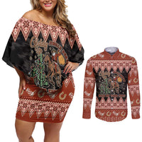 Howdy Christmas Cowboy Santa Couples Matching Off Shoulder Short Dress and Long Sleeve Button Shirt Giddy Up Jingle Horse Pick Up Your Feet - Wonder Print Shop