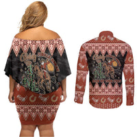 Howdy Christmas Cowboy Santa Couples Matching Off Shoulder Short Dress and Long Sleeve Button Shirt Giddy Up Jingle Horse Pick Up Your Feet - Wonder Print Shop