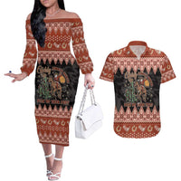 Howdy Christmas Cowboy Santa Couples Matching Off The Shoulder Long Sleeve Dress and Hawaiian Shirt Giddy Up Jingle Horse Pick Up Your Feet - Wonder Print Shop