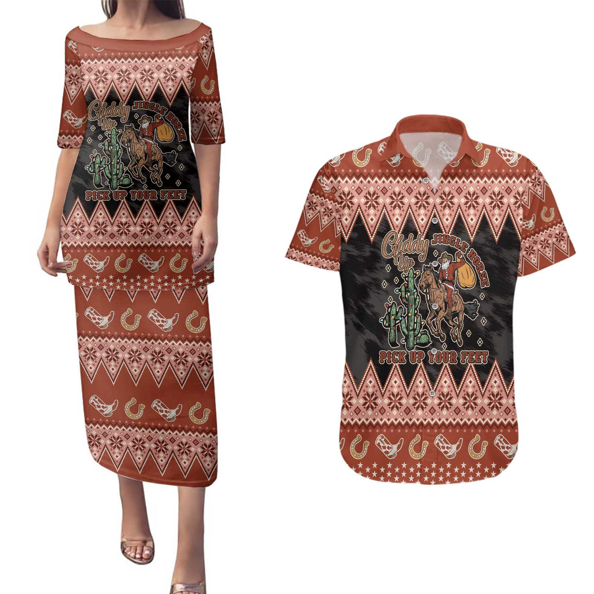 Howdy Christmas Cowboy Santa Couples Matching Puletasi and Hawaiian Shirt Giddy Up Jingle Horse Pick Up Your Feet - Wonder Print Shop