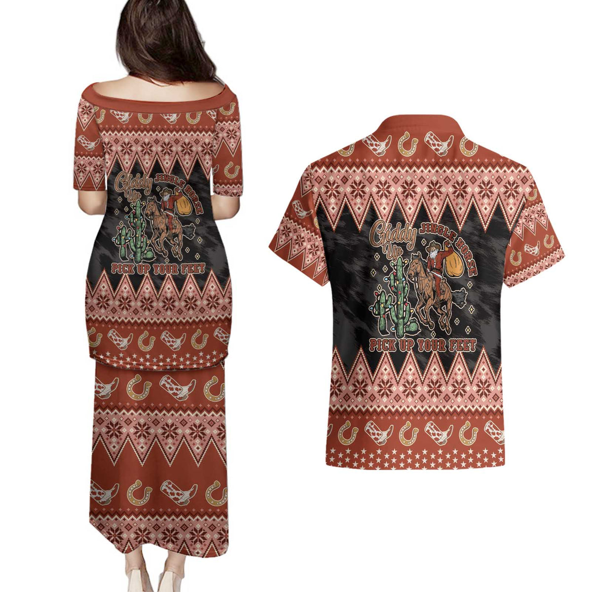 Howdy Christmas Cowboy Santa Couples Matching Puletasi and Hawaiian Shirt Giddy Up Jingle Horse Pick Up Your Feet - Wonder Print Shop