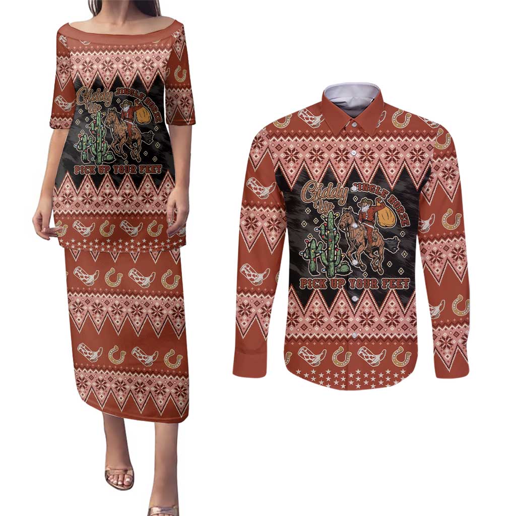 Howdy Christmas Cowboy Santa Couples Matching Puletasi and Long Sleeve Button Shirt Giddy Up Jingle Horse Pick Up Your Feet - Wonder Print Shop