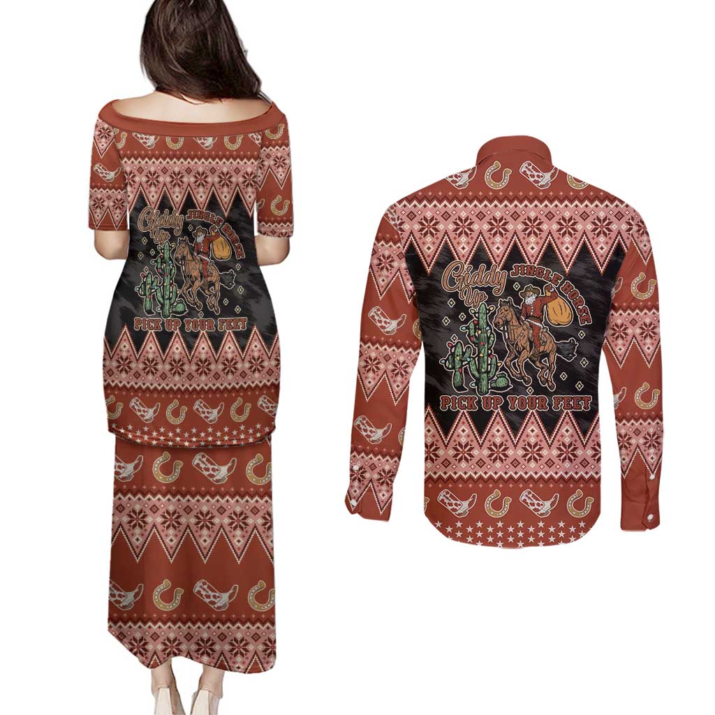 Howdy Christmas Cowboy Santa Couples Matching Puletasi and Long Sleeve Button Shirt Giddy Up Jingle Horse Pick Up Your Feet - Wonder Print Shop