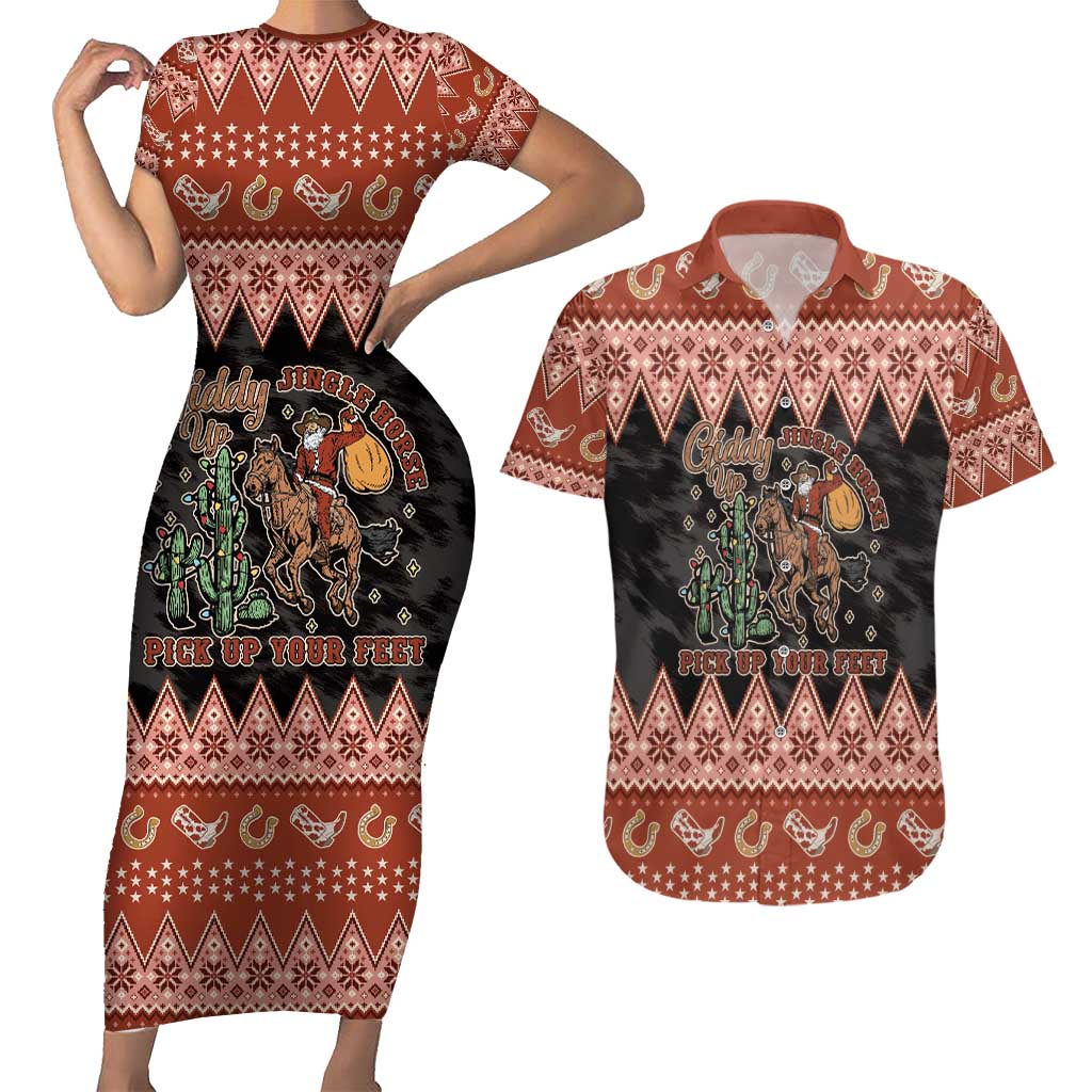 Howdy Christmas Cowboy Santa Couples Matching Short Sleeve Bodycon Dress and Hawaiian Shirt Giddy Up Jingle Horse Pick Up Your Feet - Wonder Print Shop
