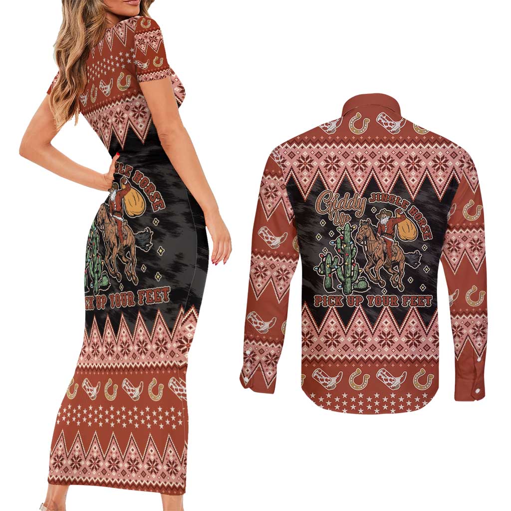 Howdy Christmas Cowboy Santa Couples Matching Short Sleeve Bodycon Dress and Long Sleeve Button Shirt Giddy Up Jingle Horse Pick Up Your Feet - Wonder Print Shop