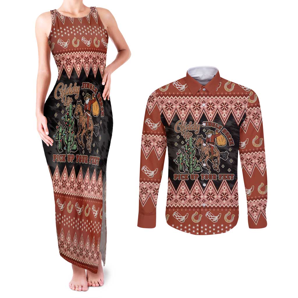 Howdy Christmas Cowboy Santa Couples Matching Tank Maxi Dress and Long Sleeve Button Shirt Giddy Up Jingle Horse Pick Up Your Feet - Wonder Print Shop