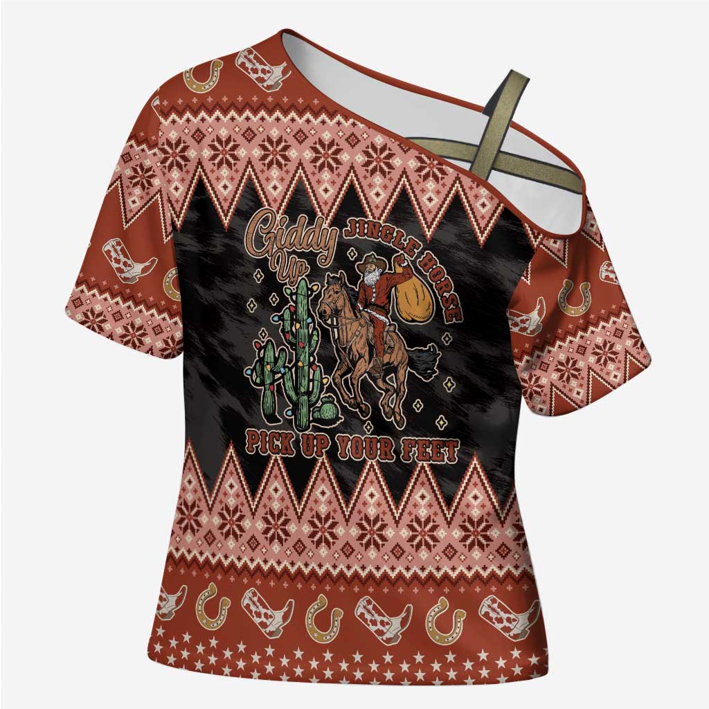 Howdy Christmas Cowboy Santa Cross Shoulder Shirt Giddy Up Jingle Horse Pick Up Your Feet - Wonder Print Shop