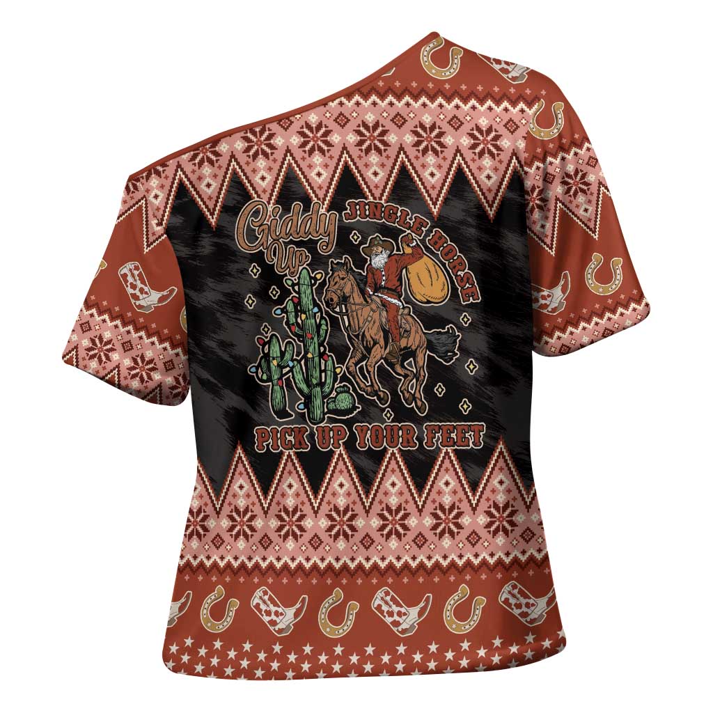 Howdy Christmas Cowboy Santa Cross Shoulder Shirt Giddy Up Jingle Horse Pick Up Your Feet - Wonder Print Shop