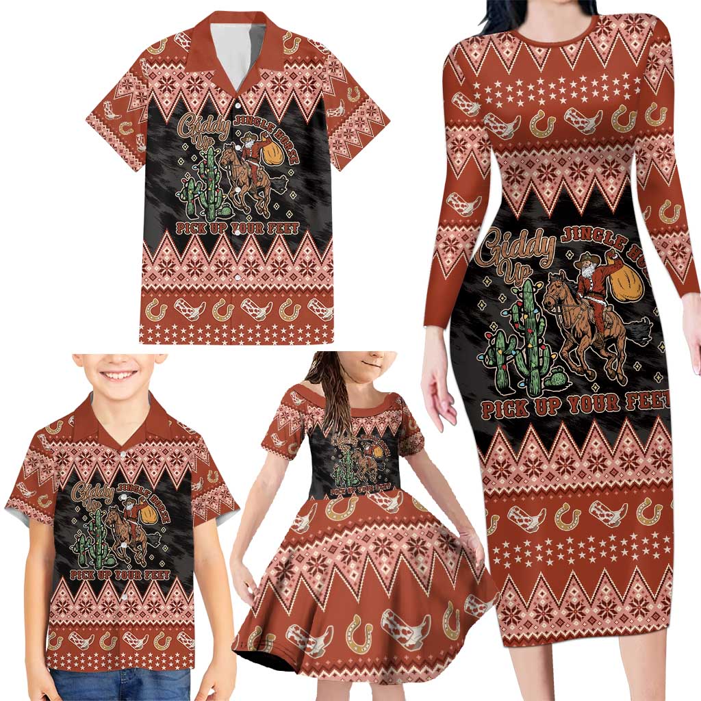 Howdy Christmas Cowboy Santa Family Matching Long Sleeve Bodycon Dress and Hawaiian Shirt Giddy Up Jingle Horse Pick Up Your Feet - Wonder Print Shop