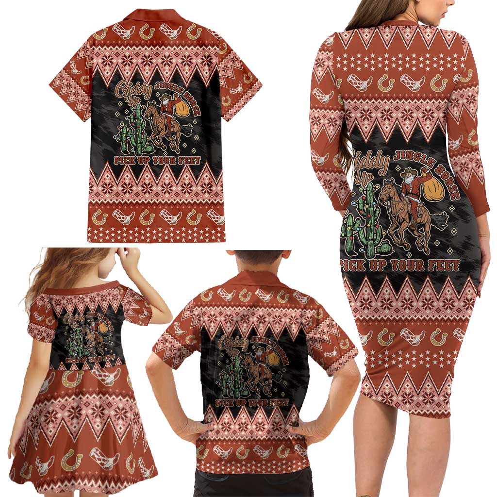 Howdy Christmas Cowboy Santa Family Matching Long Sleeve Bodycon Dress and Hawaiian Shirt Giddy Up Jingle Horse Pick Up Your Feet - Wonder Print Shop