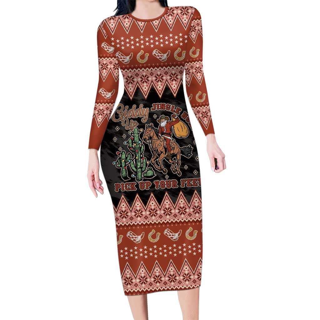 Howdy Christmas Cowboy Santa Family Matching Long Sleeve Bodycon Dress and Hawaiian Shirt Giddy Up Jingle Horse Pick Up Your Feet - Wonder Print Shop