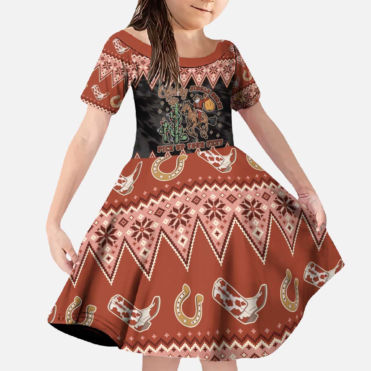 Howdy Christmas Cowboy Santa Family Matching Off The Shoulder Long Sleeve Dress and Hawaiian Shirt Giddy Up Jingle Horse Pick Up Your Feet - Wonder Print Shop