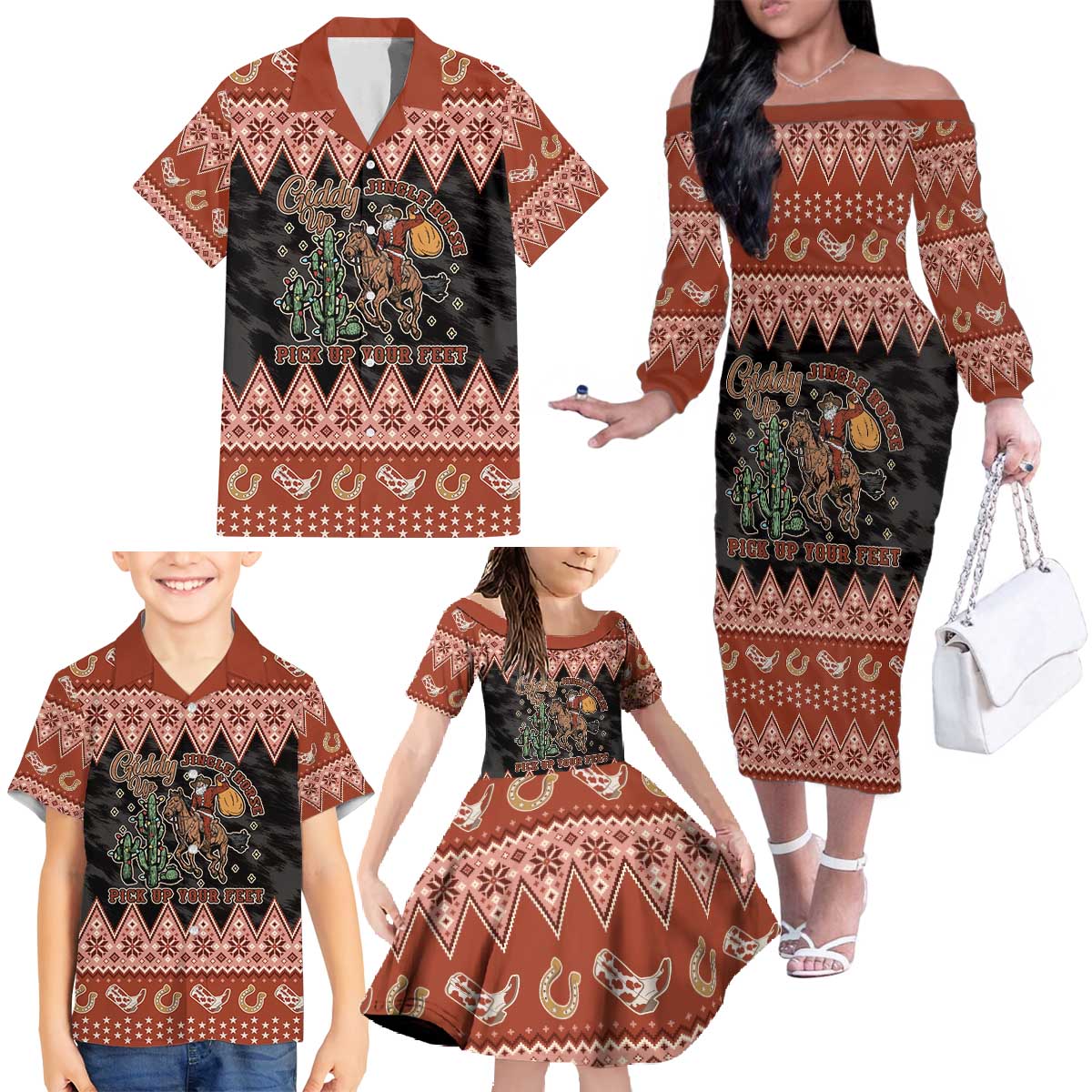 Howdy Christmas Cowboy Santa Family Matching Off The Shoulder Long Sleeve Dress and Hawaiian Shirt Giddy Up Jingle Horse Pick Up Your Feet - Wonder Print Shop