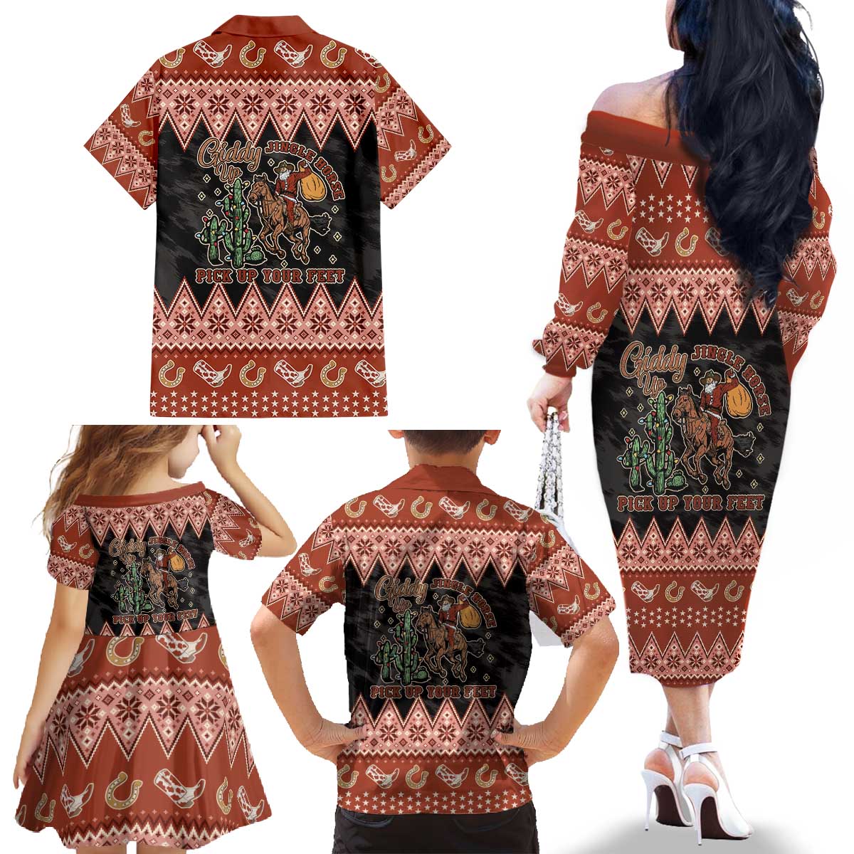 Howdy Christmas Cowboy Santa Family Matching Off The Shoulder Long Sleeve Dress and Hawaiian Shirt Giddy Up Jingle Horse Pick Up Your Feet - Wonder Print Shop
