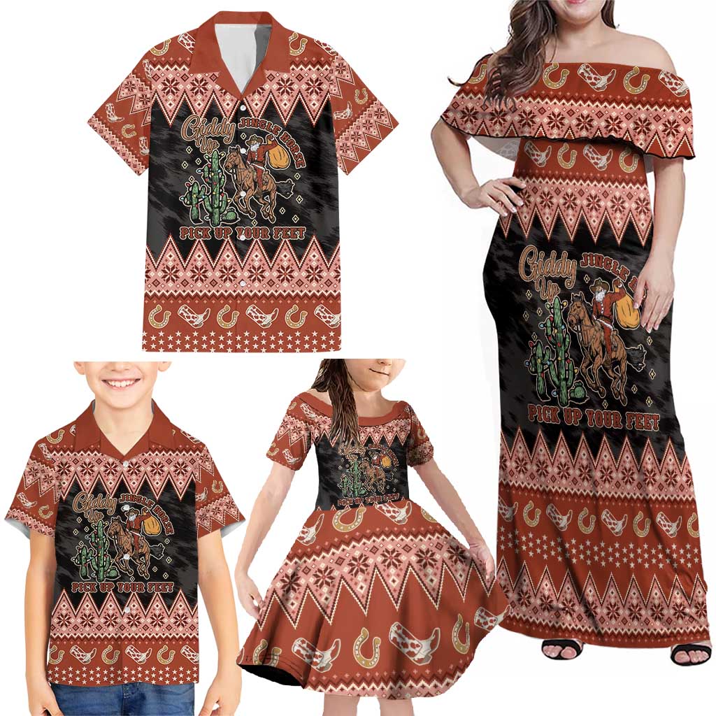 Howdy Christmas Cowboy Santa Family Matching Off Shoulder Maxi Dress and Hawaiian Shirt Giddy Up Jingle Horse Pick Up Your Feet - Wonder Print Shop