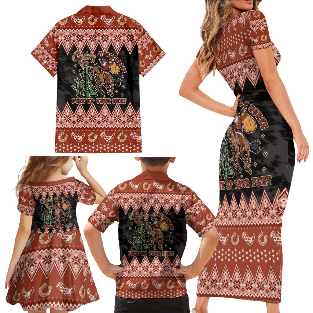 Howdy Christmas Cowboy Santa Family Matching Short Sleeve Bodycon Dress and Hawaiian Shirt Giddy Up Jingle Horse Pick Up Your Feet - Wonder Print Shop