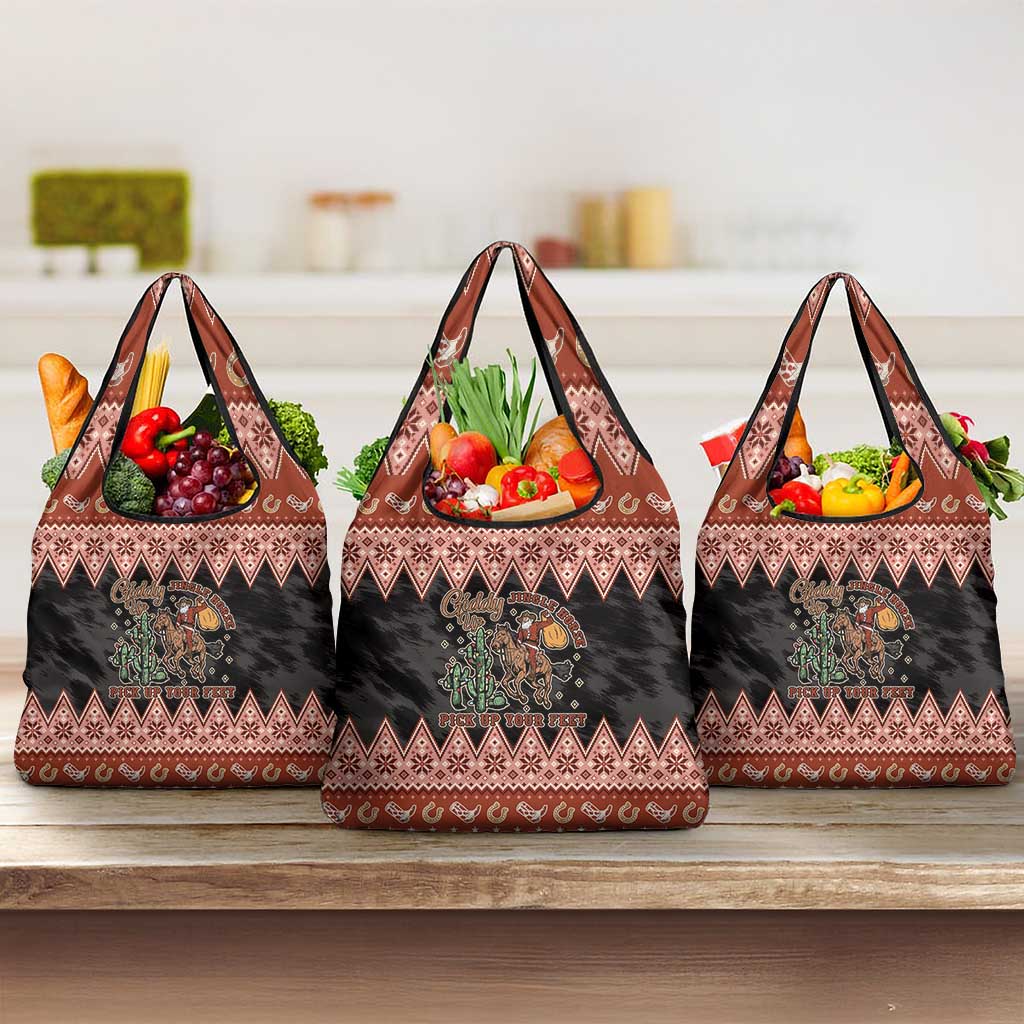 Howdy Christmas Cowboy Santa Grocery Bag Giddy Up Jingle Horse Pick Up Your Feet - Wonder Print Shop