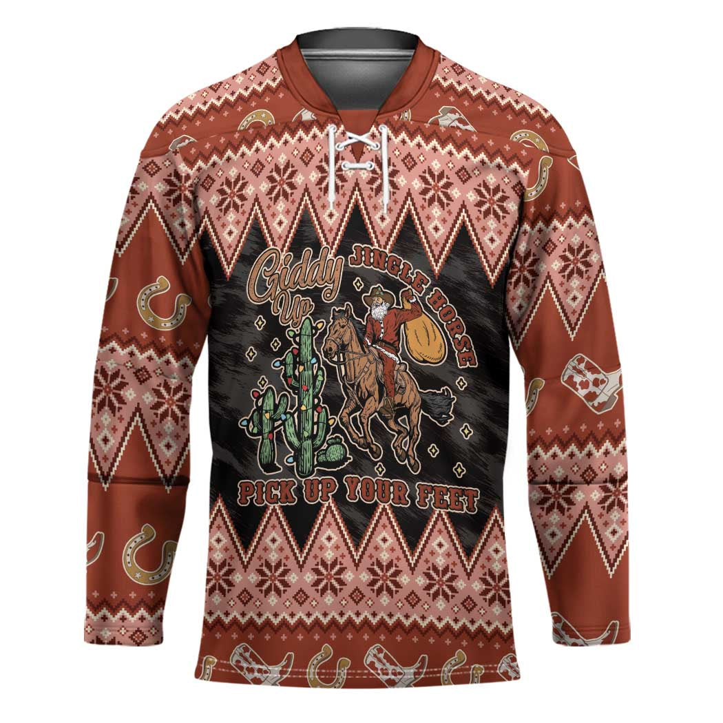Howdy Christmas Cowboy Santa Hockey Jersey Giddy Up Jingle Horse Pick Up Your Feet - Wonder Print Shop