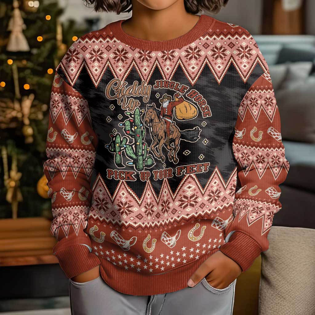 Howdy Christmas Cowboy Santa Kid Ugly Christmas Sweater Giddy Up Jingle Horse Pick Up Your Feet - Wonder Print Shop