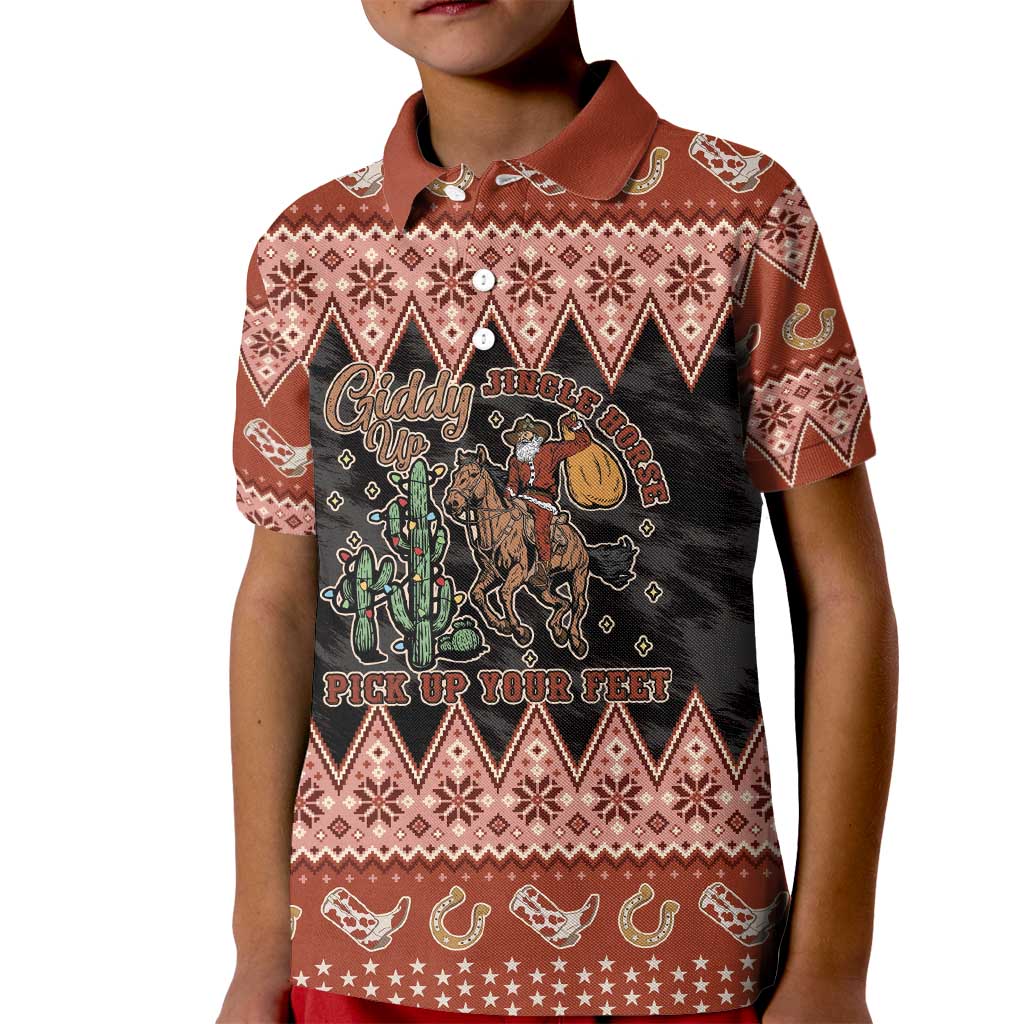 Howdy Christmas Cowboy Santa Kid Polo Shirt Giddy Up Jingle Horse Pick Up Your Feet - Wonder Print Shop