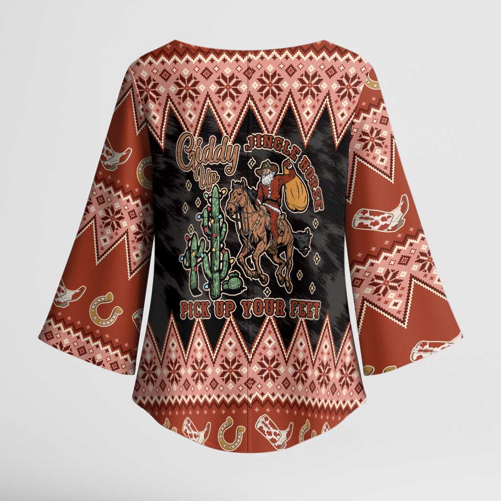 Howdy Christmas Cowboy Santa Kimono Sleeve Blouse Giddy Up Jingle Horse Pick Up Your Feet - Wonder Print Shop