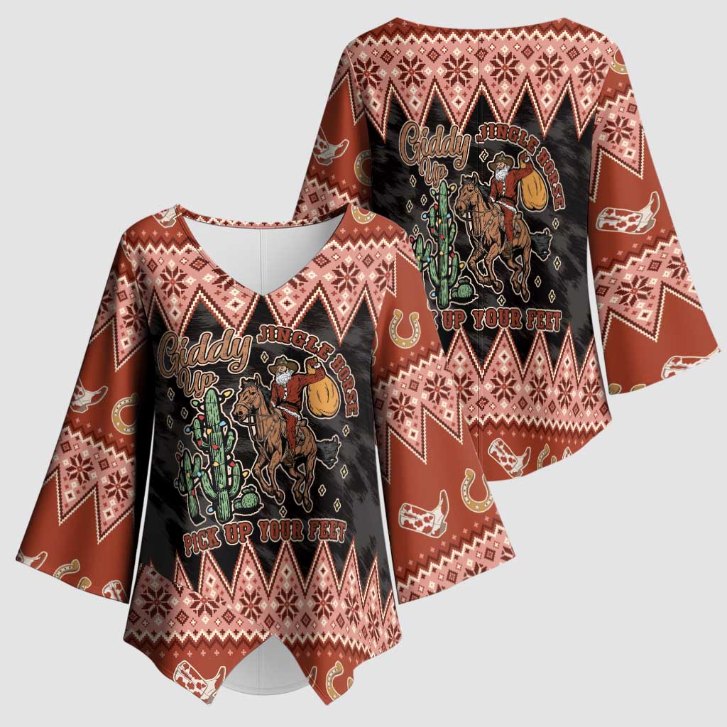 Howdy Christmas Cowboy Santa Kimono Sleeve Blouse Giddy Up Jingle Horse Pick Up Your Feet - Wonder Print Shop