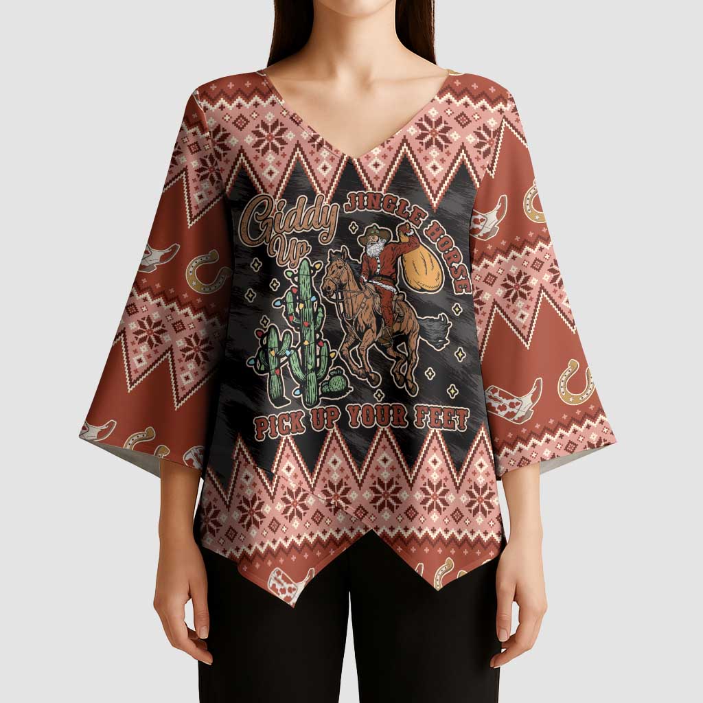 Howdy Christmas Cowboy Santa Kimono Sleeve Blouse Giddy Up Jingle Horse Pick Up Your Feet - Wonder Print Shop