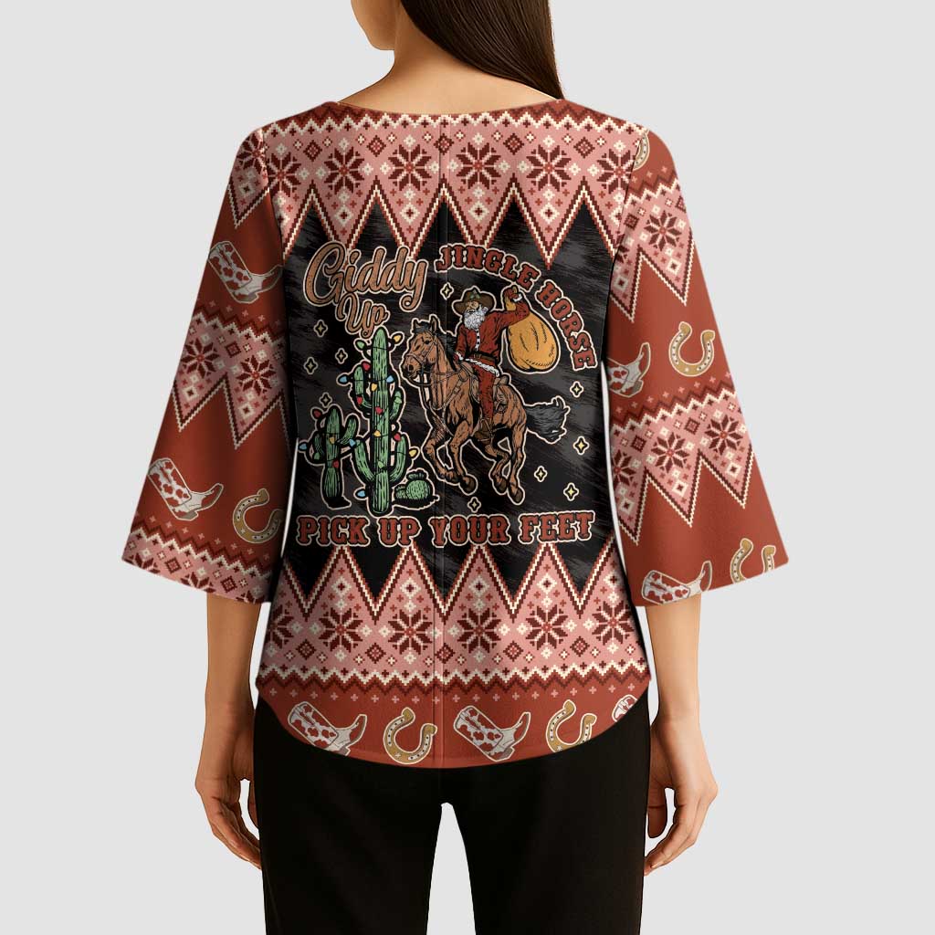 Howdy Christmas Cowboy Santa Kimono Sleeve Blouse Giddy Up Jingle Horse Pick Up Your Feet - Wonder Print Shop
