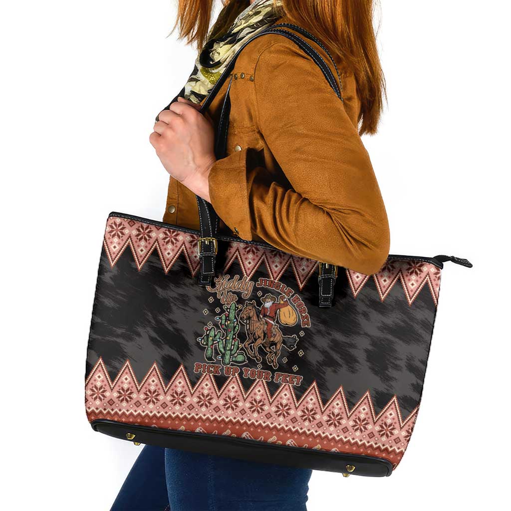 Howdy Christmas Cowboy Santa Leather Tote Bag Giddy Up Jingle Horse Pick Up Your Feet - Wonder Print Shop