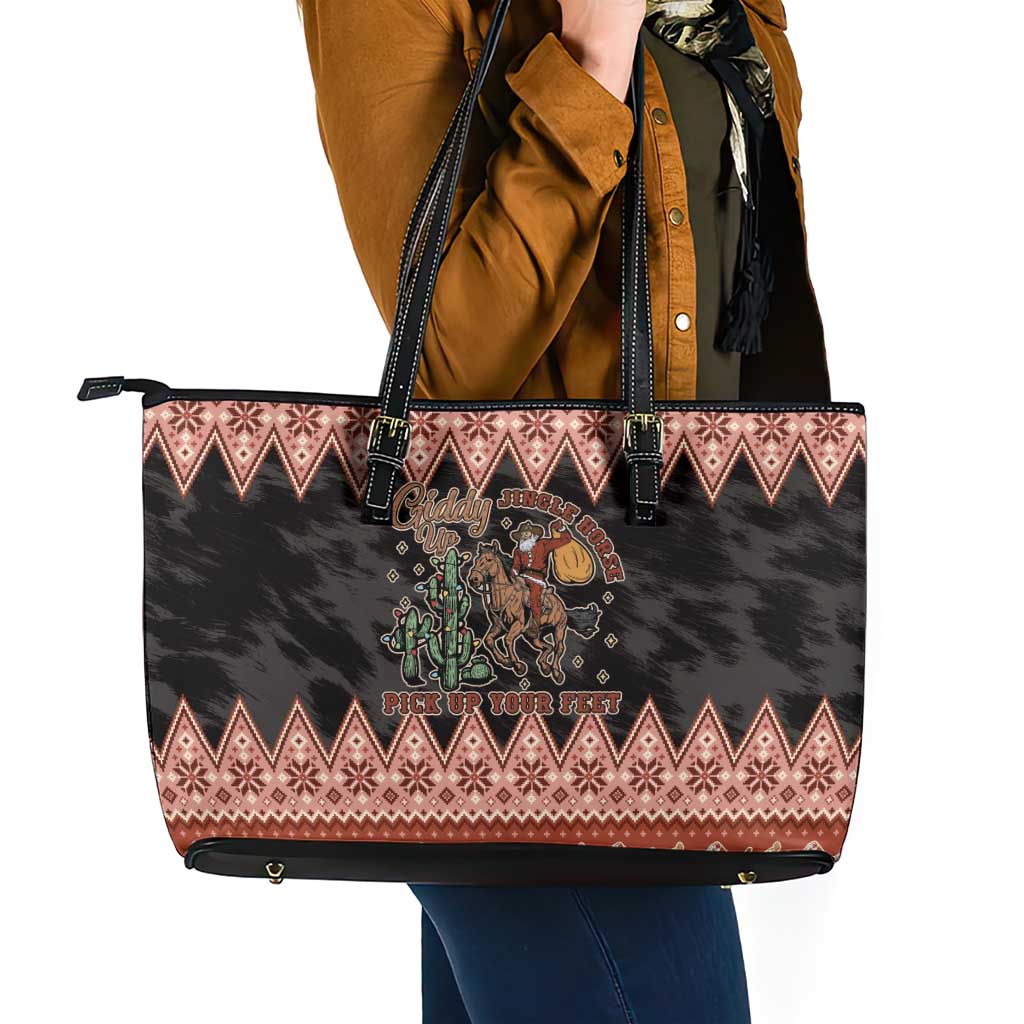 Howdy Christmas Cowboy Santa Leather Tote Bag Giddy Up Jingle Horse Pick Up Your Feet - Wonder Print Shop