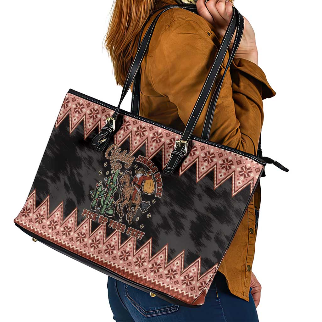 Howdy Christmas Cowboy Santa Leather Tote Bag Giddy Up Jingle Horse Pick Up Your Feet - Wonder Print Shop