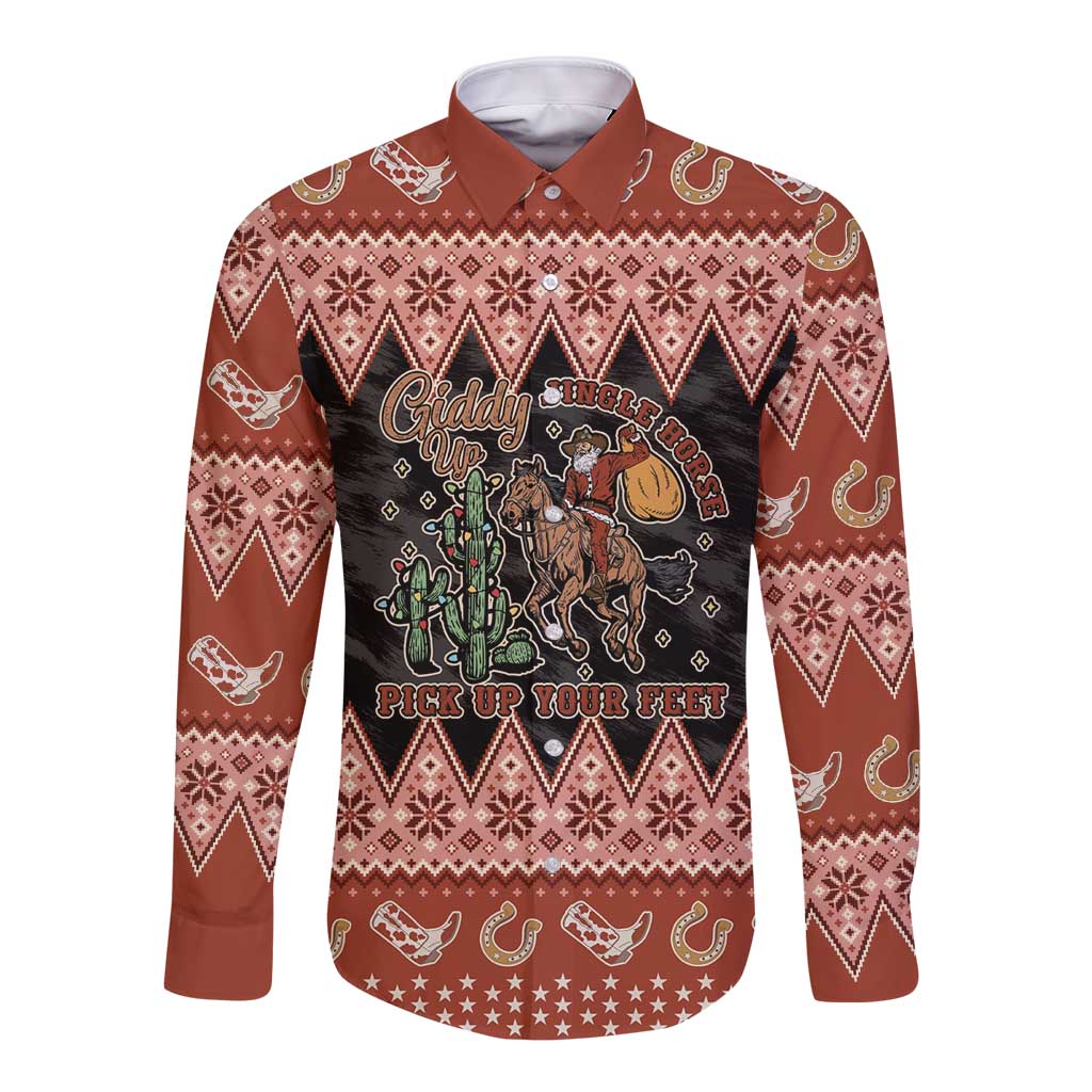 Howdy Christmas Cowboy Santa Long Sleeve Button Shirt Giddy Up Jingle Horse Pick Up Your Feet - Wonder Print Shop