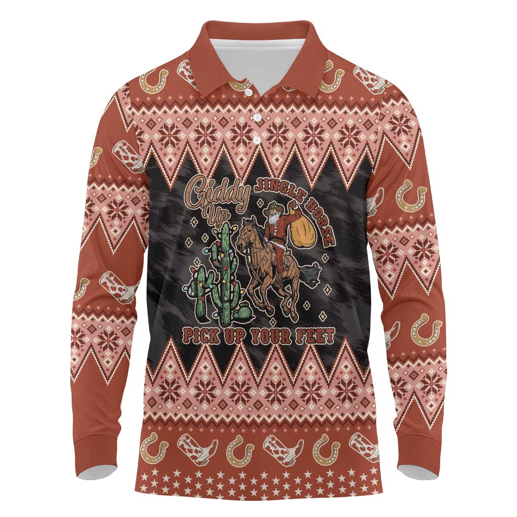 Howdy Christmas Cowboy Santa Long Sleeve Polo Shirt Giddy Up Jingle Horse Pick Up Your Feet - Wonder Print Shop