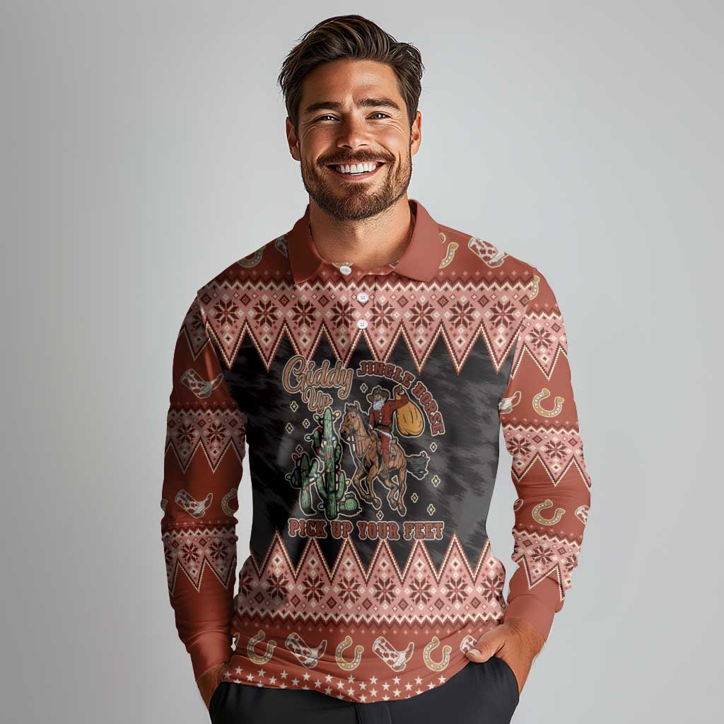 Howdy Christmas Cowboy Santa Long Sleeve Polo Shirt Giddy Up Jingle Horse Pick Up Your Feet - Wonder Print Shop